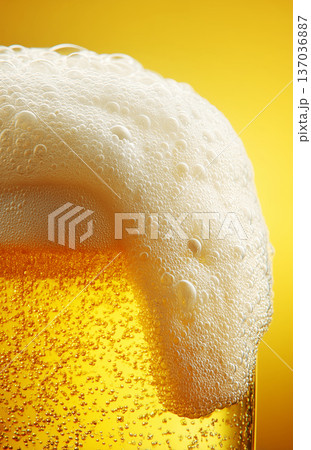 Fizzy beer glass with foam in closeup on warm golden background, concept of refreshment and celebration 137036887