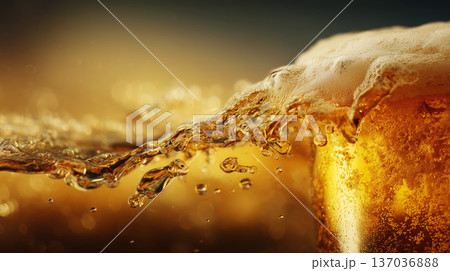 A dynamic splash of golden beer overflowing with foam on warm blurred background, concept of refreshment and celebration 137036888