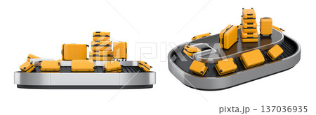 Set of Airport luggage conveyor belt or baggage claim area with suitcases on white. 137036935