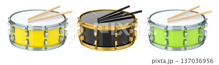 Set of drums and wooden drum sticks on white. 3d render of musical instrument 137036956