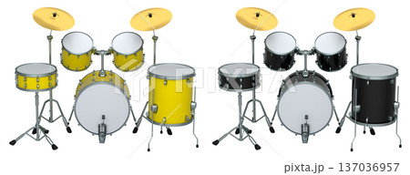 Set of realistic drums with metal cymbals or drumset on white background Set of realistic drums with metal cymbals or drumset on white background 137036957