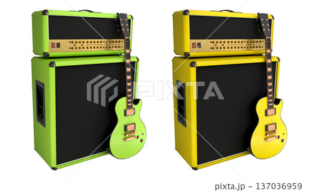 Set of amplifier with acoustic guitar isolated on white background. Set of amplifier with acoustic guitar isolated on white background. 137036959