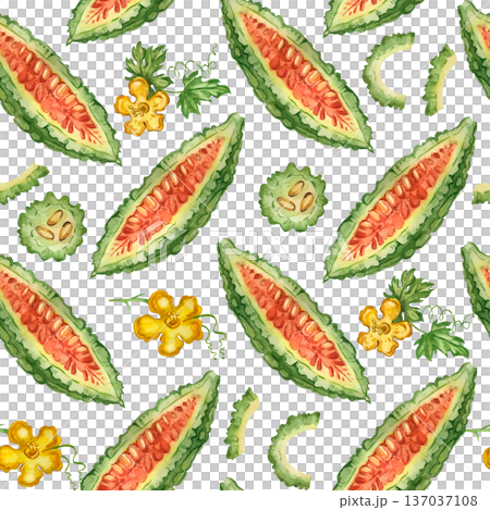 A seamless watercolor pattern of bitter melon, hand-painted in watercolor. Hand-drawn bitter melon slices and flowers are used for healthy food packaging and recipe design. 137037108