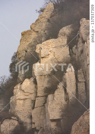 Rugged limestone cliff with weathered rock formations Rugged limestone cliff with weathered rock formations 137037309