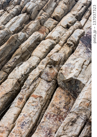 Layered weathered rock texture with diagonal strata Layered weathered rock texture with diagonal strata 137037323