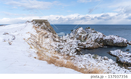 「青森県」雪景色の葦毛崎展望台の風景　八戸市 137037356
