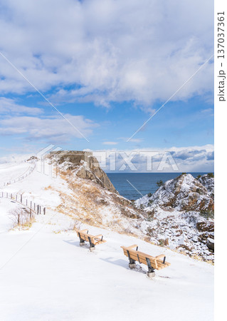 「青森県」雪景色の葦毛崎展望台の風景　八戸市 137037361