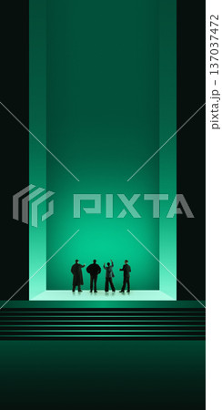 Minimalist poster executives observing monumental green architectural space. 137037472