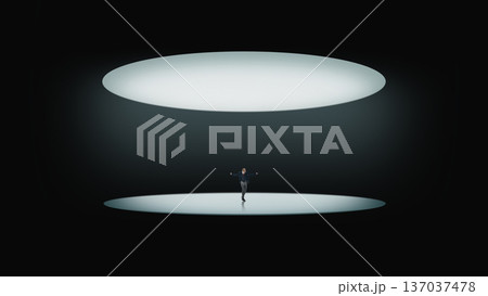 Dramatic poster businessman balancing under massive oval spotlight. Dramatic poster businessman balancing under massive oval spotlight. 137037478