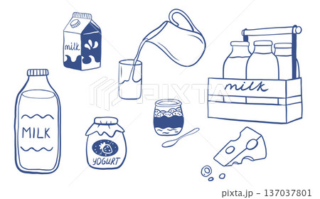 Hand drawn milk doodle sketch set. Milk, yogurt, cheese menu icon collection. 137037801