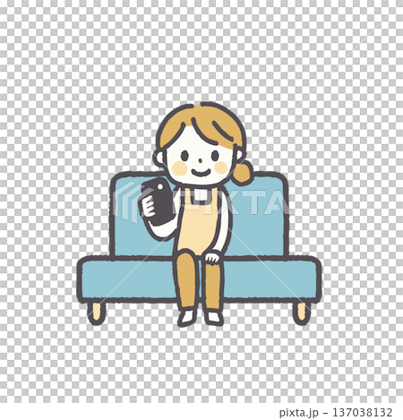 一組插圖，描繪了一位身穿圍裙坐在沙發上的女士 137038132