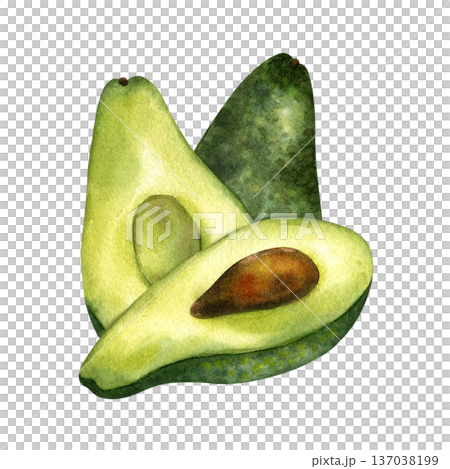Watercolor composition avocado whole and half with pit and pulp. Fresh fruit, Superfood. Isolated illustration. For menu design, product packaging, healthy eating, keto diet, healthy lifestyle 137038199