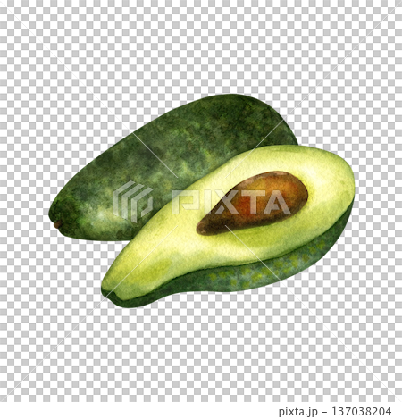 Watercolor composition with half and whole avocado with brown pit, side view. Fresh, green organic fruits. Cut lengthwise. For healthy food concept, packaging, vegetarian content. Isolated clipart 137038204