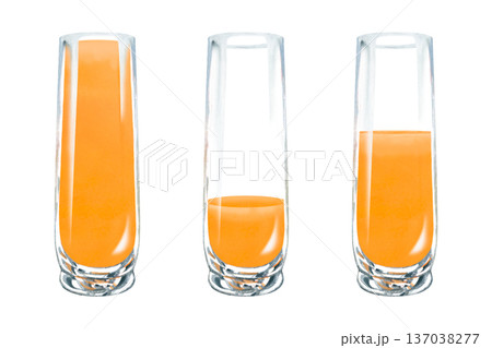 Watercolor set of transparent glasses with apricot juice at different fill levels isolated on white background for packaging mockups, menu design, branding projects, advertising layouts, healthy drink 137038277