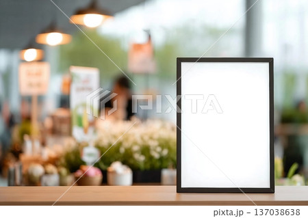 mockup white poster with black frame stand in front of blur restaurant cafe background for show or present promotion product concept 137038638