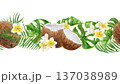 Seamless watercolor tropical border with coconuts, plumeria flowers and palm leaves. Hand painted island banner design for travel agencies, beach resorts, destination weddings and summer marketing. 137038989
