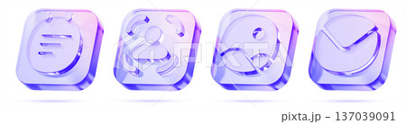 3d glass holographic mobile app icon set - note, user profile square avatar, image gallery, email envelope, purple crystal buttons for ui design, social media, smartphone application. 3D illustration 137039091