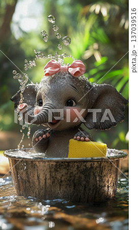 A cute baby elephant is taking a bubble bath outside in a metal basin, holding a yellow sponge and smiling. It represents the concept of childhood, joy, and funny animals. A cute baby elephant is taking a bubble bath outside in a metal basin, holding a yellow sponge and smiling. It represents the concept of childhood, joy, and funny animals. 137039516