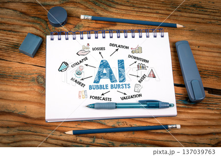 AI Market Bubble Collapse and Financial Downturn Illustration. Notepad on a office table 137039763