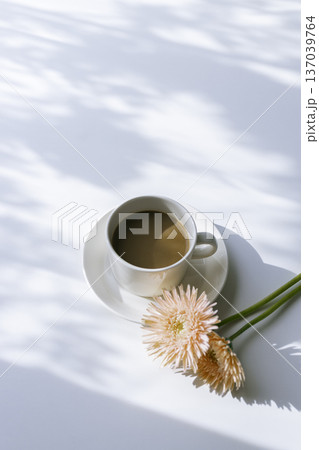 朝の光とコーヒーとピンクのガーベラ 137039764