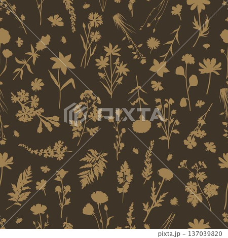 Wildflower Herbal Silhouettes Earthy Brown Floral Pattern 137039820