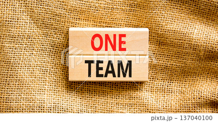 One team symbol. Concept word One team on beautiful wooden blocks. Beautiful canvas background. Business one team concept. Copy space. One team symbol. Concept word One team on beautiful wooden blocks. Beautiful canvas background. Business one team concept. Copy space. 137040100