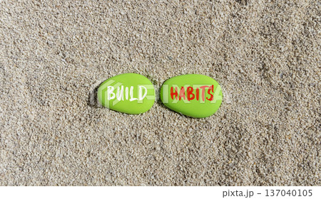 Build habits symbol. Concept word Build habits on beautiful green stones. Sea sand beach. Beautiful sand beach background. Business build habits concept. Copy space. Build habits symbol. Concept word Build habits on beautiful green stones. Sea sand beach. Beautiful sand beach background. Business build habits concept. Copy space. 137040105