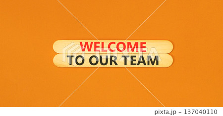 Support, help welcome to our team symbol. Concept words Welcome to our team on beautiful wooden sticks. Beautiful orange background. Business welcome to our team concept. Copy space. 137040110
