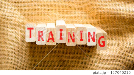 Training word symbol. Concept word Training on beautiful wooden blocks. Beautiful canvas background. Business support help training word concept. Copy space. 137040210