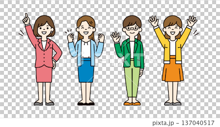 企業・オフィスで働く、スーツを着た複数のビジネスウーマン・OLの全身ベクターイラストセット 137040517