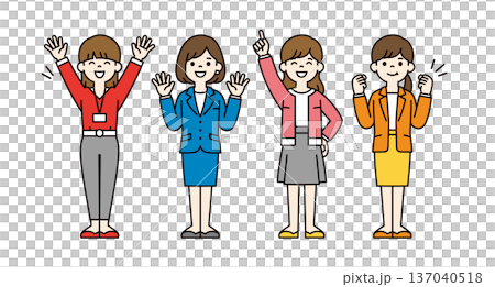 一組包含多位年齡在20至30歲之間的女性員工、女商人及職業婦女的全身向量插圖。 137040518