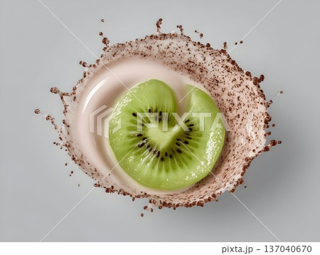 Ripe kiwi slice diving into cocoa-swirled yogurt, generating dynamic splash with vivid green fruit contrasting creamy white background Ripe kiwi slice diving into cocoa-swirled yogurt, generating dynamic splash with vivid green fruit contrasting creamy white background 137040670