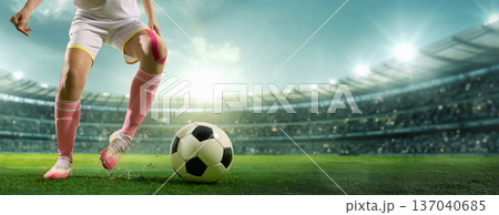 Female football player controlling soccer ball on stadium field collage. Female football player controlling soccer ball on stadium field collage. 137040685