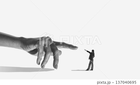 Symbolic design giant hand guiding miniature person direction. Symbolic design giant hand guiding miniature person direction. 137040695