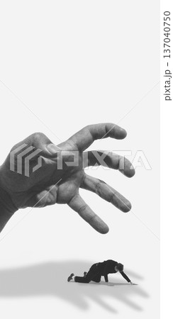 Minimalist poster giant hand casting shadow over fallen businessman. Minimalist poster giant hand casting shadow over fallen businessman. 137040750