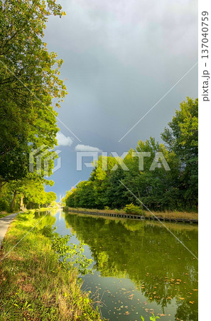 Stormy sky scene, Overcast skies cast shadows on tranquil water 137040759