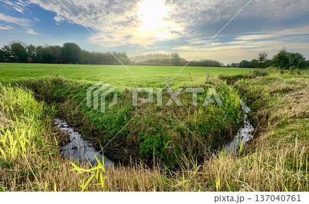 Pastoral landscape featuring flowing twin streams and distant horizon 137040761