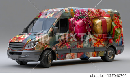 A van design shows a colorful wrap with gifts and ribbons for holiday delivery. 137040762