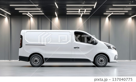 Design mockup of a delivery van in a spacious studio with modern lighting setup 137040775