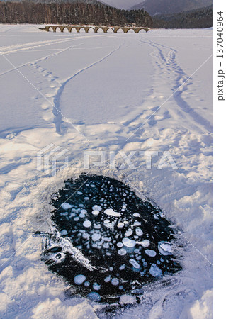 Frozen bubbles and Taushubetsu Bridge in Lake Nuka 137040964