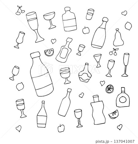 Hand-drawn set of bottles with apples, cherries, lemons, and hearts. Hand-drawn set of bottles with apples, cherries, lemons, and hearts. 137041007