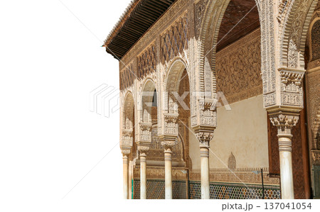 Arches in Islamic (Moorish) style (carved on white background) in Alhambra, Granada, Spain Arches in Islamic (Moorish) style (carved on white background) in Alhambra, Granada, Spain 137041054