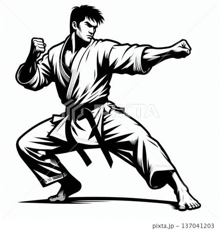 Kyokushin fullcontact karateka in dogi. Power, aggressive fighter in fight. Generation of AI Kyokushin fullcontact karateka in dogi. Power, aggressive fighter in fight. Generation of AI 137041203