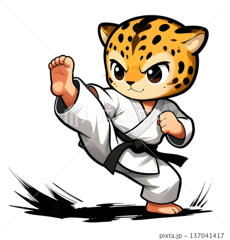 Little karateka in kimono on white background. Jaguar, bars, leopard head. The concept icon of martial arts, karate, judo, BJJ, sports since childhood, discipline. Defense concept with copy space. 137041417