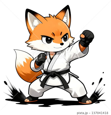 Little karateka in kimono on white background. Foxy head. The concept icon of martial arts, karate, judo, BJJ, sports since childhood, discipline. Defense concept with copy space. Little karateka in kimono on white background. Foxy head. The concept icon of martial arts, karate, judo, BJJ, sports since childhood, discipline. Defense concept with copy space. 137041418