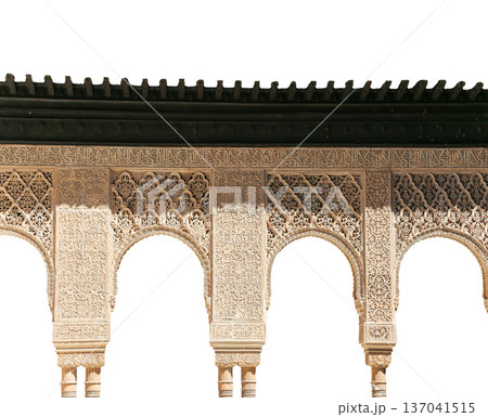 Arches in Islamic (Moorish) style (carved on white background) in Alhambra, Granada, Spain Arches in Islamic (Moorish) style (carved on white background) in Alhambra, Granada, Spain 137041515