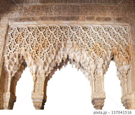 Arches in Islamic (Moorish) style (carved on white background) in Alhambra, Granada, Spain 137041516