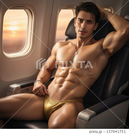 Handsome Male Model in Vibrant Fashion Swimwear Relaxing in Luxury Airline First Class Suite Handsome Male Model in Vibrant Fashion Swimwear Relaxing in Luxury Airline First Class Suite 137041751
