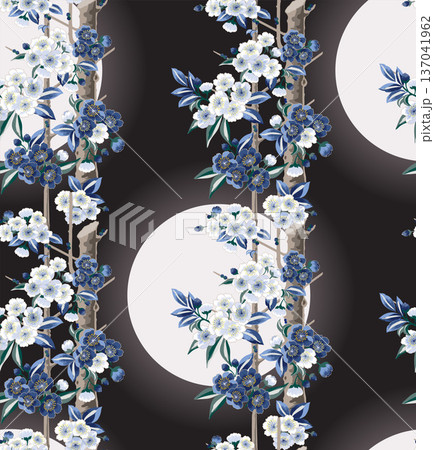 Plum blossoms in full bloom on branches. Vector illustration of a seamless pattern Plum blossoms in full bloom on branches. Vector illustration of a seamless pattern 137041962