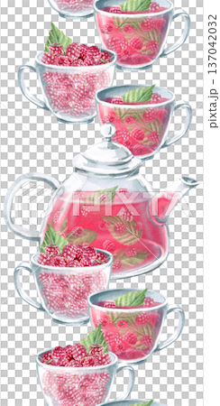 A seamless vertical border with a teapot, cups, and raspberries. Isolated watercolor illustration for herbal tea packaging branding, restaurant menus, kitchenware designs, and postcards. 137042032
